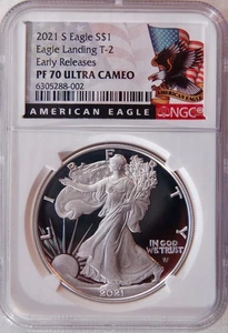 Etiqueta de bandera S Silver Eagle 2021 prueba T-2 NGC PF70 Eagle Landing lanzamientos tempranos - Imagen 1 de 2