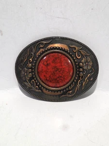 Vintage verzierte ovale Kupfer Gürtelschnalle Blumenrolle mit poliertem Howlith Stein - Bild 1 von 7