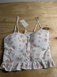 Sim And Sam Corset Crop Top Sz Small Cottage Core White Floral Sleeveless Ruffle - Picture 1 of 8