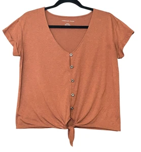American Eagle Top Womens Size M Brown Waist Tie S/S Poly Linen Blend Stretch - Picture 1 of 8