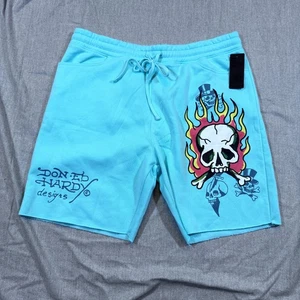 Ed Hardy Shorts Mens XL Mint Skull Flame Tattoo Graphic Drawstring Don Ed Hardy - Picture 1 of 14