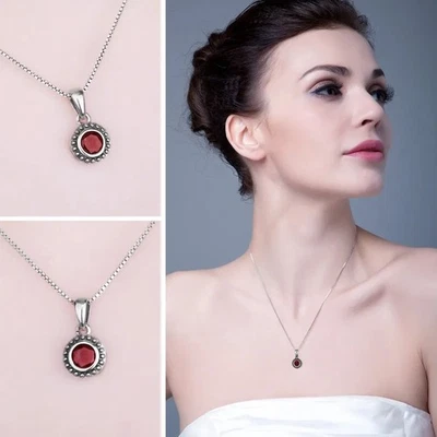 Collar vintage para mujer, colgante de plata de ley 925, 5 mm, granate auténtico - Image 1 of 4