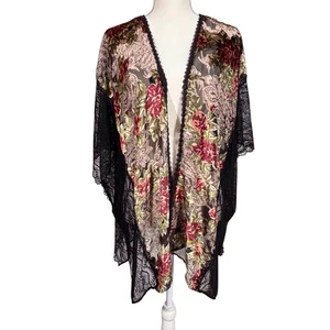 POL Velvet Burnout Kimono Black Lace Floral S/M Small Medium Bohemian Whimsigoth - Picture 1 of 10