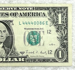 1988A Fancy Serial $1 Bill Federal Reserve Note - 44440086 - Bild 1 von 3