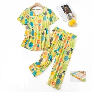 Womens Sleepwear Soft Pajamas Sleep Nightshirts Short Sleeve Tops With Pants Set - Picture 1 of 67