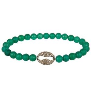 Faceted Green Onyx Beads Stretch Bracelet With Pave Set Diamond Silver Charms