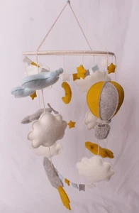 Homemade Wool Felt baby mobile by Mobilion: Airplane clouds hot air balloon Blue - Picture 1 of 12