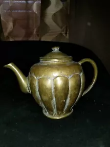 Antique Old Brass Teapot with Lotus Design Lots of Patina - Picture 1 of 12