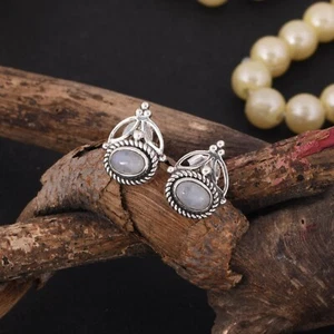 925 Sterlingsilber Oval Feuer Mondstein Boho Ohrstecker mit Twist Rand - Bild 1 von 9
