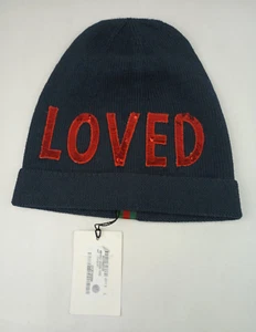 Gucci Dark Blue Wool Knit Red "LOVED" Sequin Patches Beanie Hat L/58 481356 4000 - Picture 1 of 4
