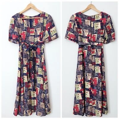 Vtg 80s Does 50s Patchwork Midi Dress Large Handmade Belted Blue Red Cottagecore - Изображение 1 из 4