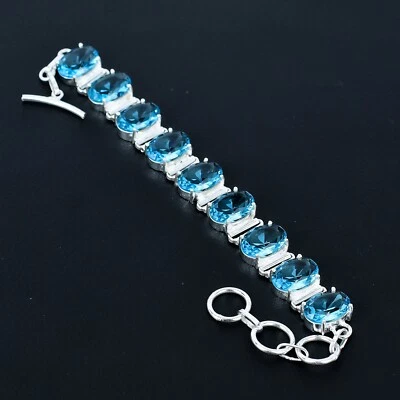 Blue Topaz Gemstone Bracelet 925 Sterling Silver Handmade Bracelet Birthday Gift - Image 1 of 4