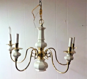 Vintage Milk Glass Chandelier With Brass Arms & Trim 5 light - Picture 1 of 4