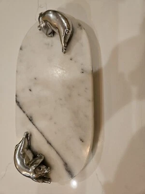 Bandeja vintage de prata mármore com cabo de porco Arthur Court - Imagem 1 de 4