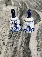 Vintage 2 Delft Blue Holland Bell Hand Painted Porcelain Windmill Flowers 3"