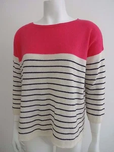 360 CASHMERE PINK WHITE STRIPE 3/4 SLEEVE BOAT NECK SWEATER L NWT $325 - Picture 1 of 5