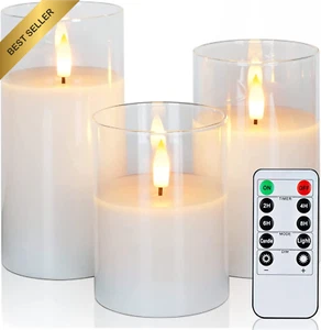 Set of 3 Clear Glass Flameless LED Pillar Candles, Battery Operated, with Timer - Picture 1 of 12