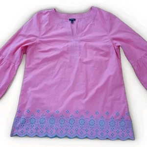 Talbots Women Top Size Large Pink Smock Angel Sleeve Embroidered Eyelet Boho EUC - Imagen 1 de 13