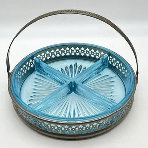 Vintage Light Blue Glass Divided Dish Silver Tone Carrier 4 Sections 8" Wide - Picture 1 of 5