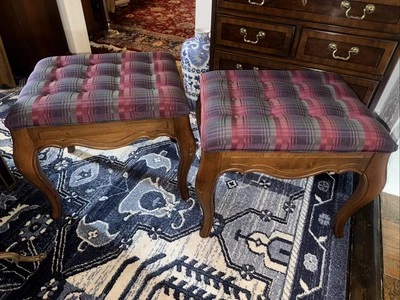 Vintage Ethan Allen Solid Wood Ottoman Pair French Country Plaid Tufted - Image 1 of 4