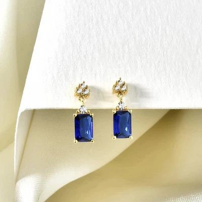 2 kt Smaragd simulierter Saphir Damen Ohrhänger/Tropfen Ohrring 14 kt Gelbgol... - Bild 1 von 4