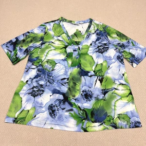 Susan Graver Top Womens 2x Floral Half Sleeve Vneck Blouse Stretch Casual - Picture 1 of 8