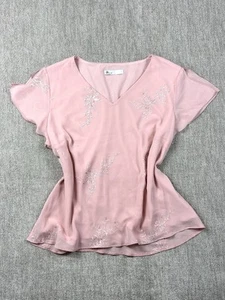 BHS vintage Style 2000s Pink Floral Embroidered Short Sleeve Blouse Top Size 16 - Picture 1 of 10
