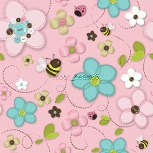 Last One Yard Stitched Garden Flower bumblebee Bee Pink Cotton Fabric 6140104-3 - Picture 1 of 2