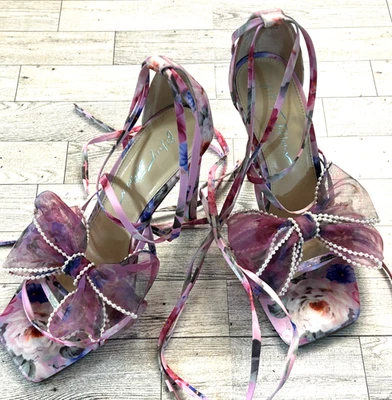 Sandalias Betsey Johnson May Rosa Floral Correa Envolvente al Tobillo Perla Lazo Tacones Talla 9M Foto 1 de 4