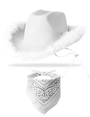 Cowboy Hat with Bandana - Feather Boa Cowgirl Hat for Women & Pure White - Image 1 of 4