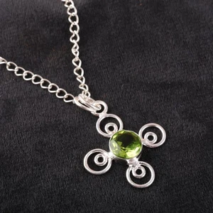 Peridot Stone Sterling Silver Christmas Bezel Art Deco August Elegant Pendant - Picture 1 of 6