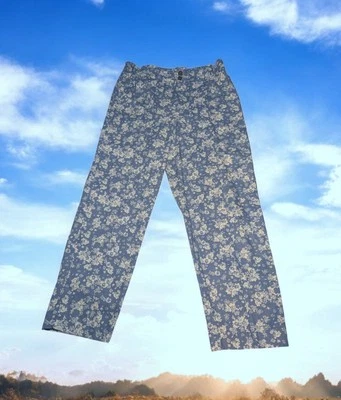 SO синий белый высоты цветочный сужающийся льняной смеси тянуть на брюки женщин большой - Изображение 1 из 4