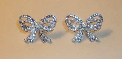 Pearl Bead and Rhinestone Double Bow Pierced Stud Earrings - Image 1 of 4