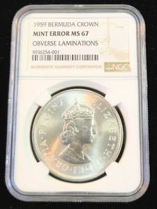 1959 BERMUDA SILVER 1 CROWN COLONY FOUNDING ANNIV NGC MS 67 MINT ERROR RARE - Picture 1 of 5