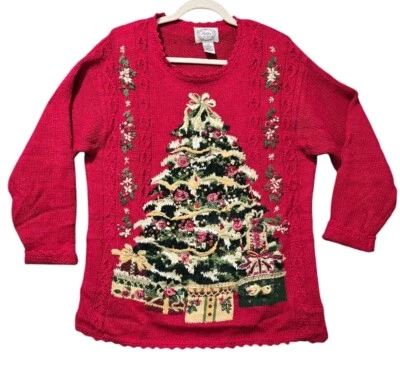 Suéter de Colección Años 80 Puntadas en el Tiempo Rojo Bordado Árbol de Navidad Pullover Grande Foto 1 de 4