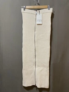 NWT ZARA Women Elastic Waistband 2-Way Zipper Ribbed Knit Midi Skirt SZ M Cream - Picture 1 of 15