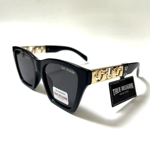 NWT Original TRUE RELIGION Square Sunglasses Classic Acetate Black Gold Logo - Picture 1 of 6