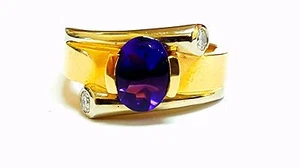 Hand Made Design 14k Two Tone Gold, Oval Amethyst & 0.13ct Fine Diamond Ring - Picture 1 of 3