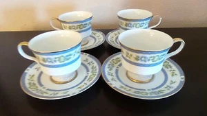 Sango China Trianon Footed Cups/Saucer 3728 Blue Bans Green Flowers,Gold Trim x4 - Picture 1 of 5