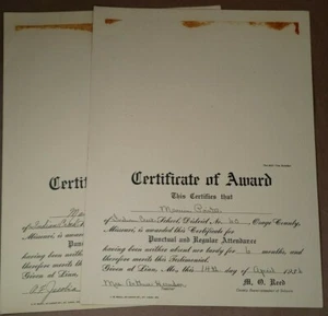 1936 & 37 Indian Creek School Osage County Missouri Vtg Award Certificates 30's - Picture 1 of 5