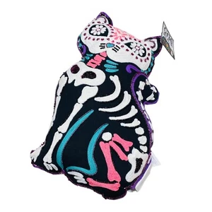Day of the Dead Halloween Sugar Skull Skeleton Cat 19in Beaded Shaped Pillow - Picture 1 of 3