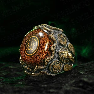 Anillo islámico escrito para hombre Ayat ul Kursi de plata esterlina 925 sólida con motivo de león - Imagen 1 de 4