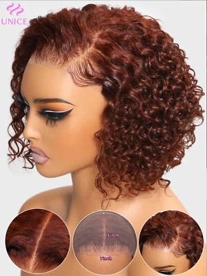UNice Indian Reddish Brown Bob Curly Precut Lace Front Wear Go Wig Human Hair 9A - Image 1 of 4