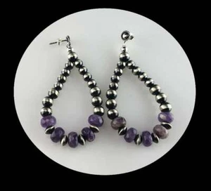 Sterling Navajo Pearl Earrings with Chevron Amethyst - Picture 1 of 6