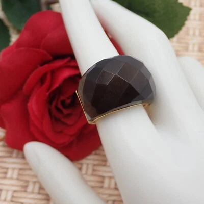 Anillo Grueso Cúpula Facetada Cristal Marrón Ahumado Tono Dorado Talla 8.5 Foto 1 de 4