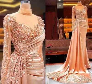 Vestido de fiesta de sirena cuello transparente lentejuelas con cuentas lujosos vestidos de noche rosa rubor - Imagen 1 de 10