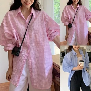 Comfortable Loose Fit Shirt with Textured Plaid Pattern and Midi Length - Picture 1 of 28