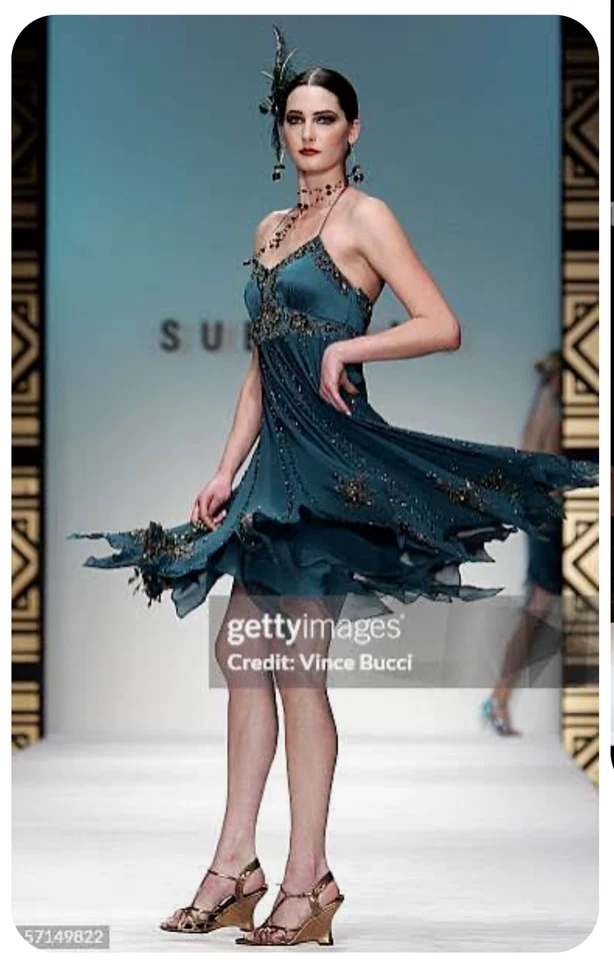 Платье Sue Wong Nocturne Runway Beaded Silk Fairy P/10 бирюзовое | подол носового платка  - Изображение 1 из 4