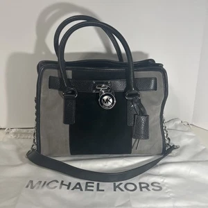 Michael Kors Hamilton Suede colorblock gray black Satchel silver hardware NEW - Picture 1 of 8