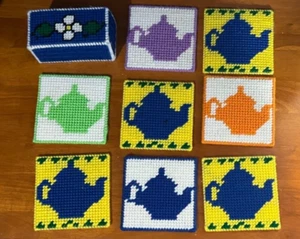 8 Vtg Teapot Themed Yarn Plastic Canvas Coasters in Holder-Decorations Handmade - Picture 1 of 4